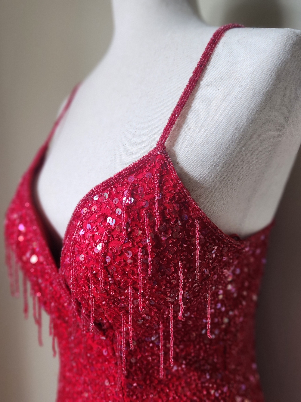 Vintage 1990s Scala Red Silk Beaded Sequin Fringe Maxi Gown Made in India M - Picture 3 of 15
